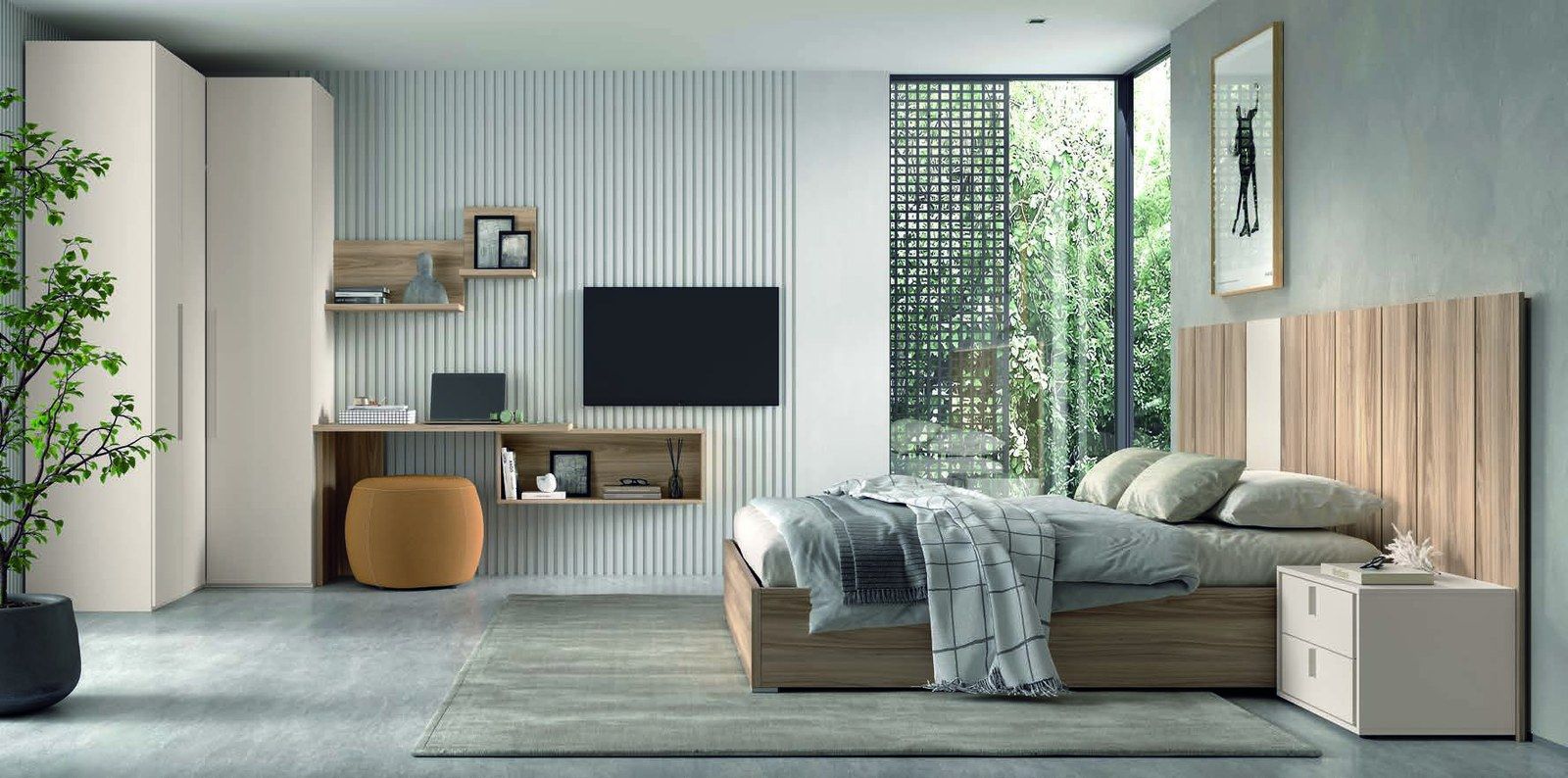 matrimonio-emotion-dormitorio-14-principal-01.jpg: Dormitorio Emötion composición 14 con cama doble, cabecero morse alas, módulos zen, armario y zona mural de escritorio
