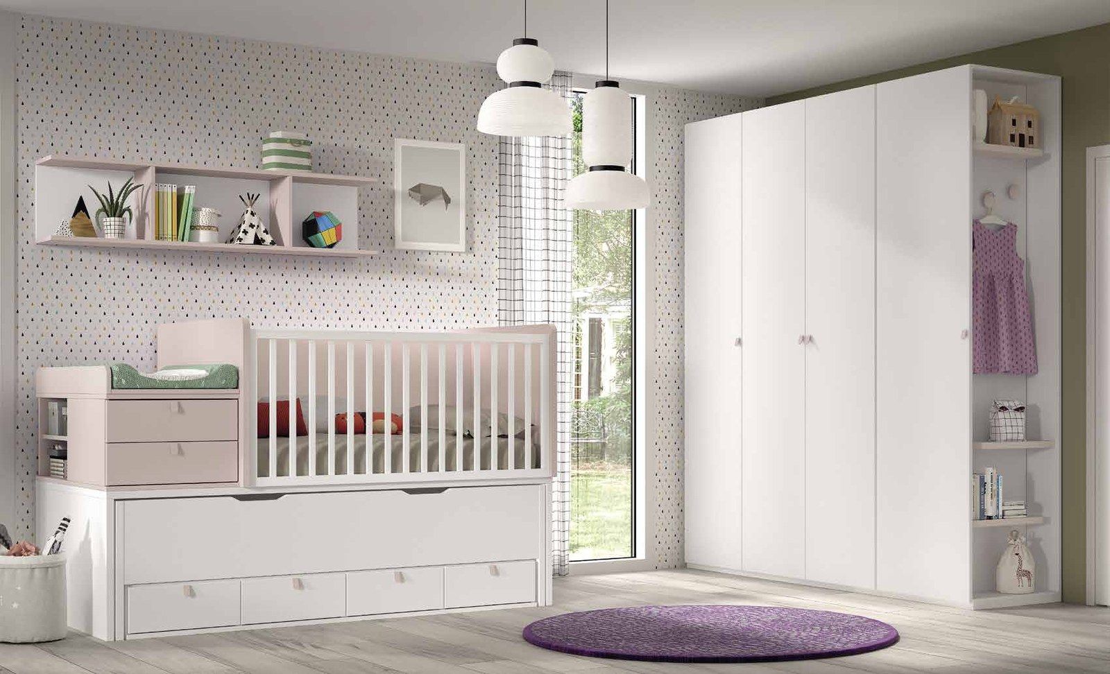 Vista general de la composición F-313, se observan configuración infantil con cama o cuna, armario, escritorio y terminal.