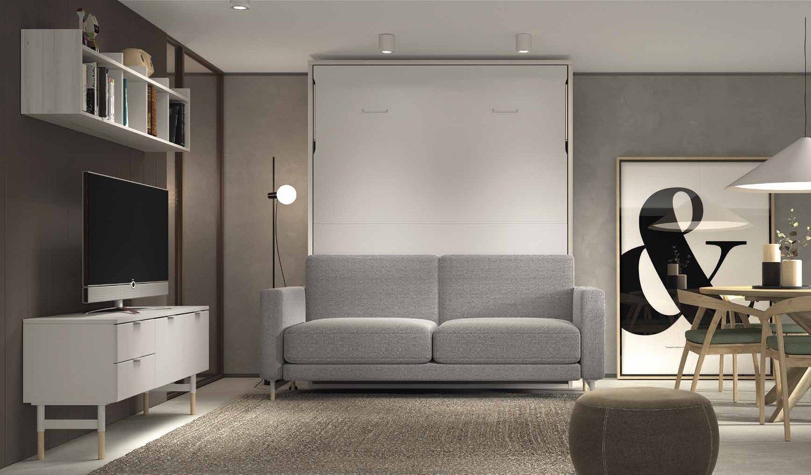 Vista general de la composición F-266, se observan cama abatible con sofá y mobiliario audiovisual.