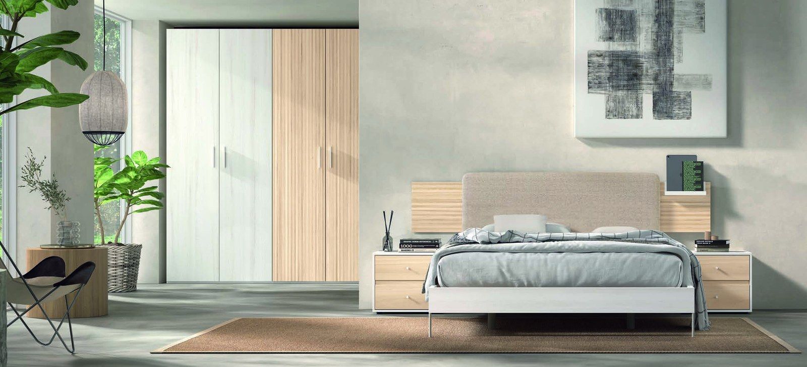 matrimonio-emotion-dormitorio-23-principal-01.jpg: Dormitorio Emötion composición 23 con cama doble, galería baku, módulos line y armario al fondo