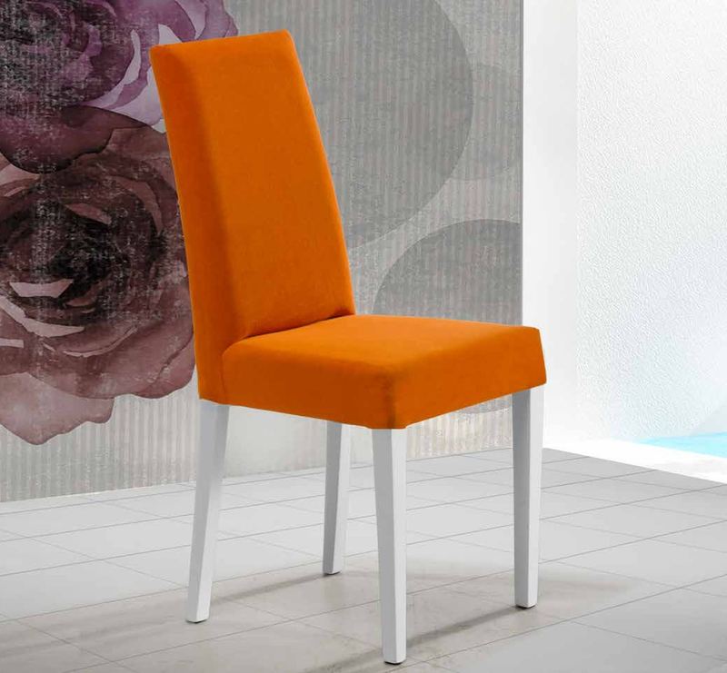 Silla de comedor modelo 128 de SG, respaldo alto tapizado liso, de líneas rectas, con estructura blanca