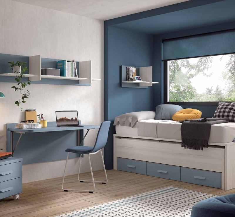Dormitorio juvenil W•007 con compacto con cama inferior extraíble y acabados AVIO, QUARZO.