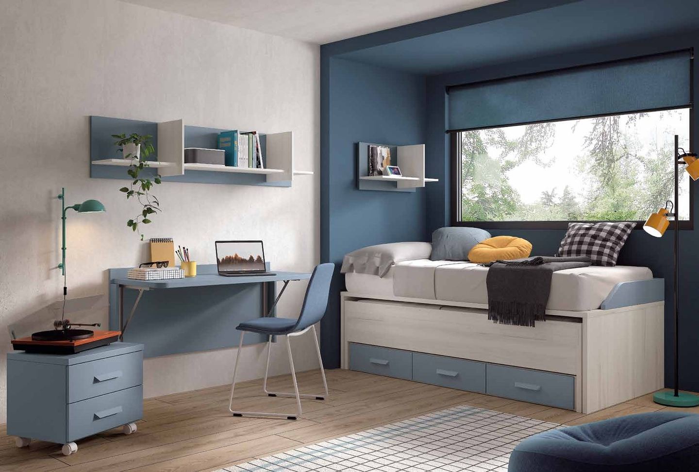 Dormitorio juvenil W•007 con compacto con cama inferior extraíble y acabados AVIO, QUARZO.