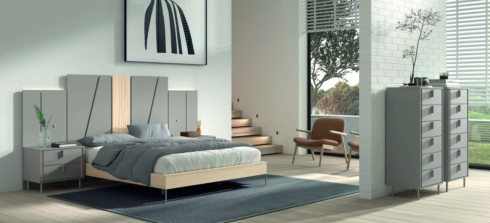matrimonio-emotion-dormitorio-06-principal-01.jpg: Dormitorio Emötion composición 06 con cama doble, cabecero flexia alas con iluminación, módulos zen y cómoda alta