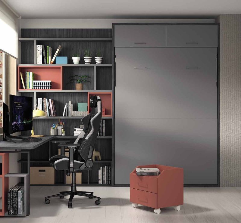 Vista general de la composición F-265, se observan cama abatible doble y zona de trabajo con estanterías.