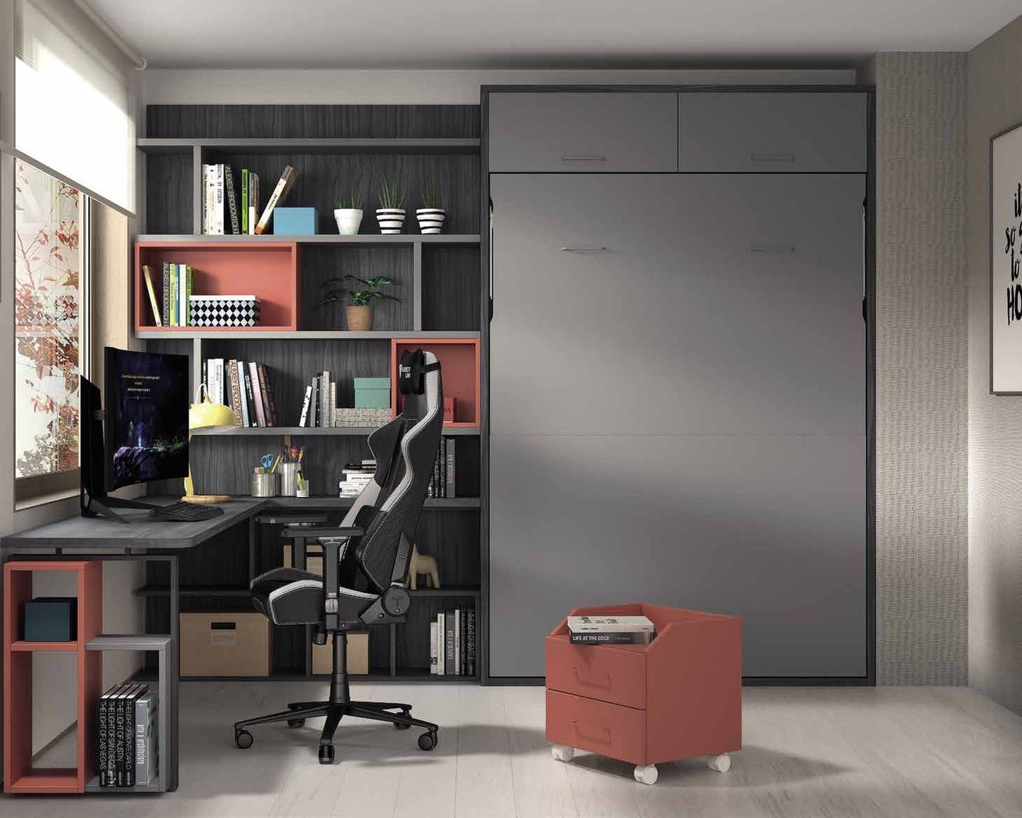 Vista general de la composición F-265, se observan cama abatible doble y zona de trabajo con estanterías.