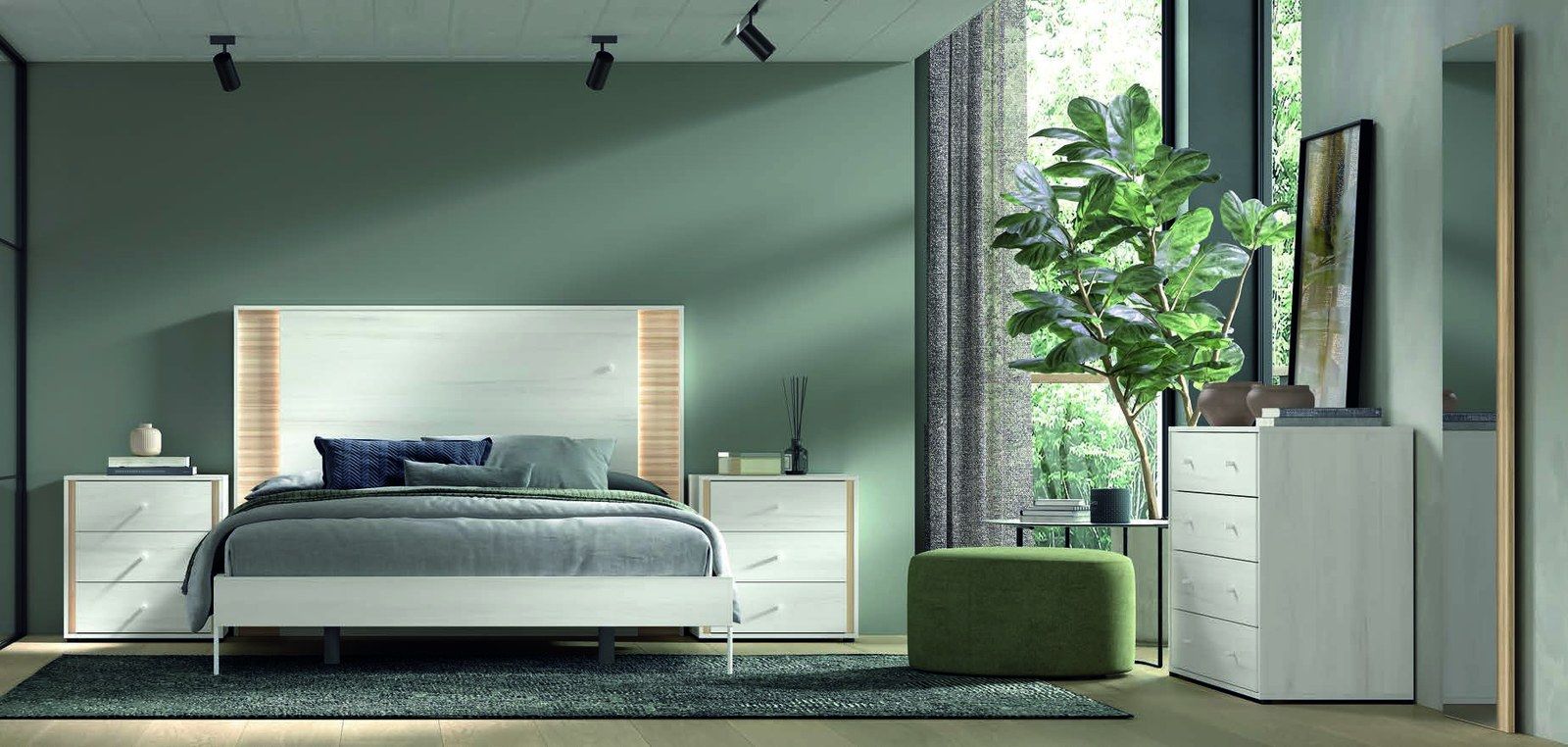 matrimonio-emotion-dormitorio-03-principal-01.jpg: Dormitorio Emötion composición 03 con cama doble, cabecero con iluminación, dos módulos auxiliares, cómoda y espejo