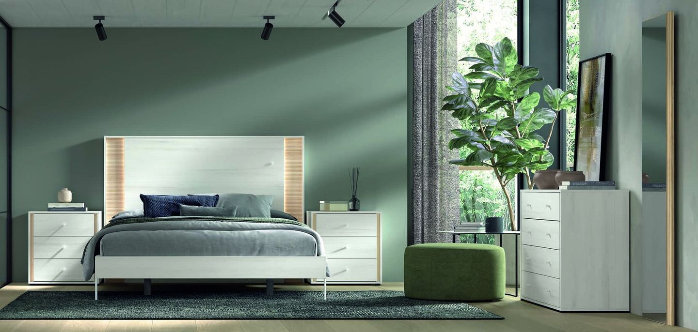 matrimonio-emotion-dormitorio-03-principal-01.jpg: Dormitorio Emötion composición 03 con cama doble, cabecero con iluminación, dos módulos auxiliares, cómoda y espejo