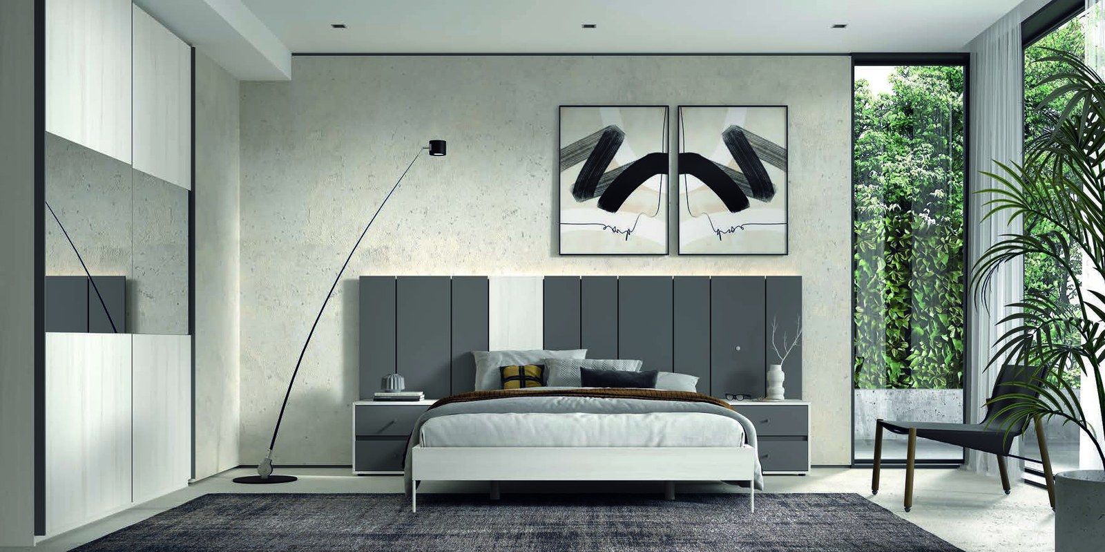 matrimonio-emotion-dormitorio-13-principal-01.jpg: Dormitorio Emötion composición 13 con cama doble, cabecero morse alas con iluminación y módulos line