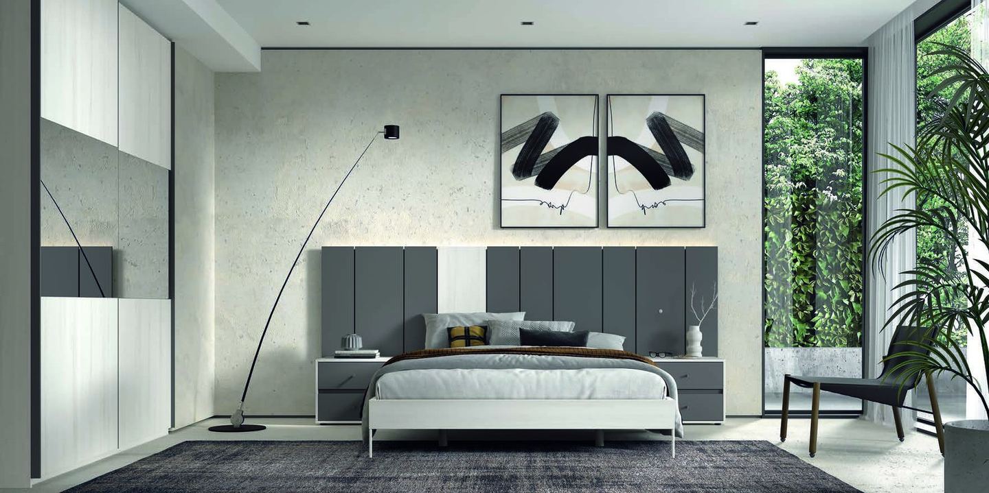 matrimonio-emotion-dormitorio-13-principal-01.jpg: Dormitorio Emötion composición 13 con cama doble, cabecero morse alas con iluminación y módulos line