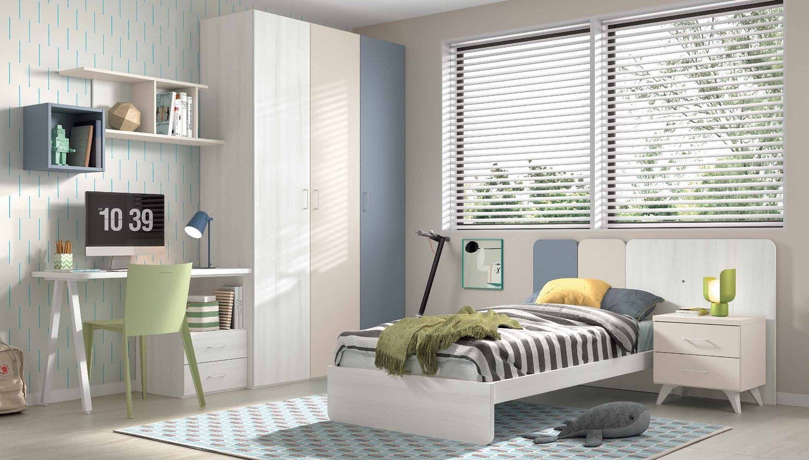 Dormitorio juvenil W•034 con cama individual y acabados TIZA, SEDA, AVIO.