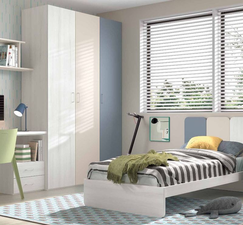 Dormitorio juvenil W•034 con cama individual y acabados TIZA, SEDA, AVIO.