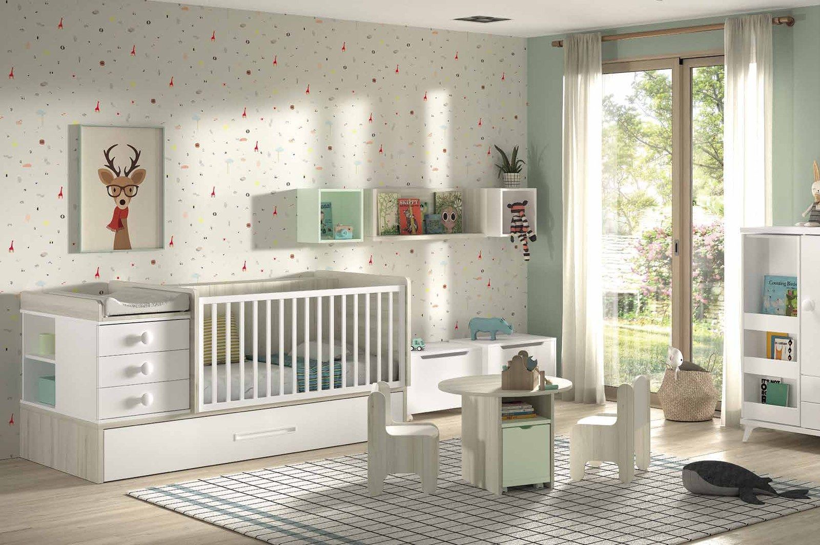 Vista general de la composición F-314, se observan configuración infantil con cama o cuna, cajones, escritorio y módulos.