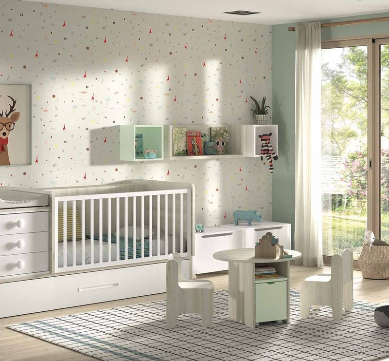 Vista general de la composición F-314, se observan configuración infantil con cama o cuna, cajones, escritorio y módulos.