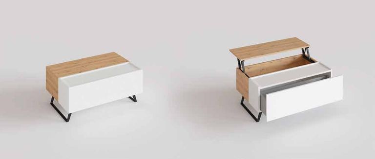 Fotografía de mesa de centro con tablero elevable de la colección FRESH.