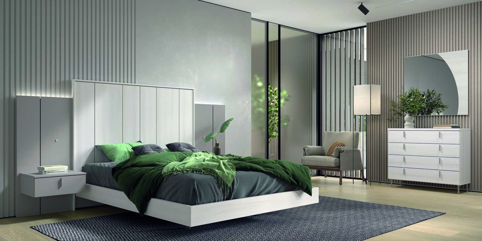 matrimonio-emotion-dormitorio-15-principal-01.jpg: Dormitorio Emötion composición 15 con cama doble, cabecero axtra alas con iluminación, módulos win, cómoda y espejo