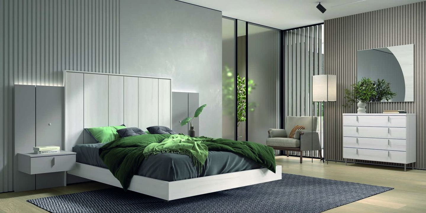 matrimonio-emotion-dormitorio-15-principal-01.jpg: Dormitorio Emötion composición 15 con cama doble, cabecero axtra alas con iluminación, módulos win, cómoda y espejo