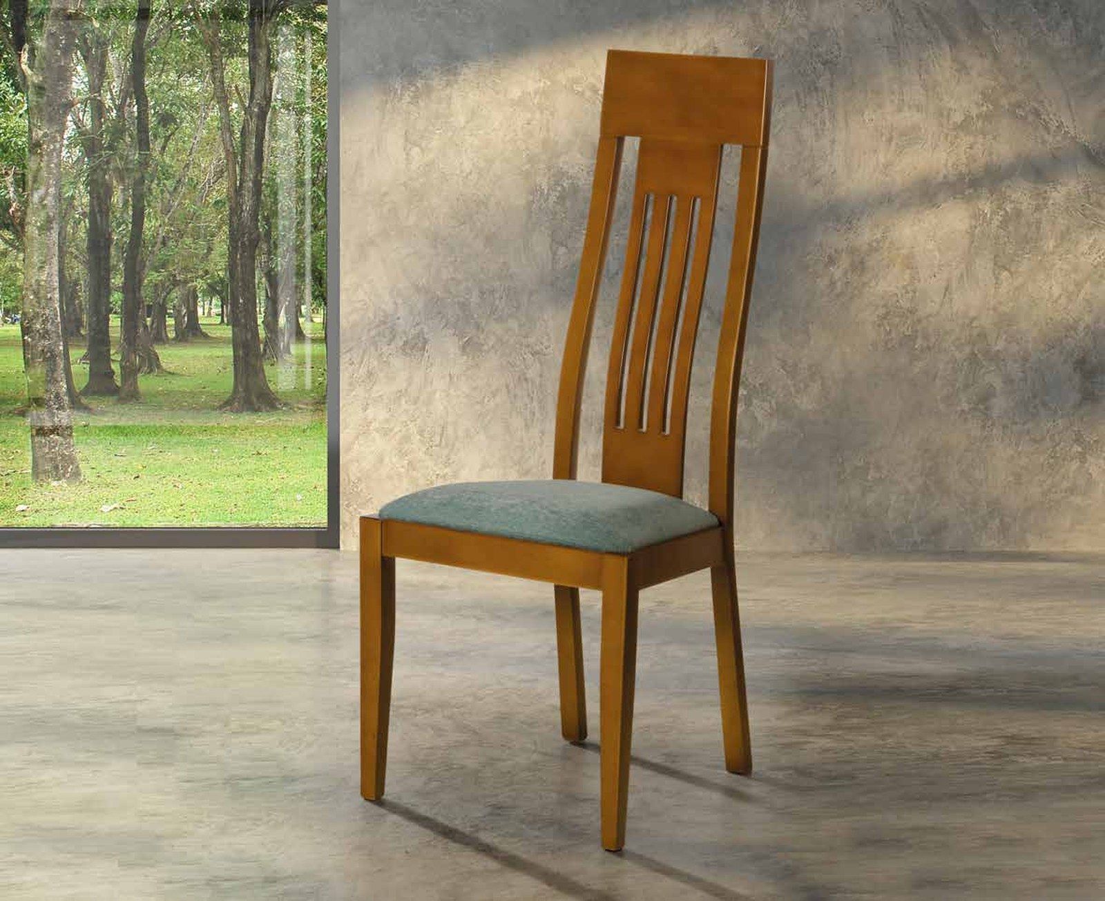Silla de comedor modelo 146 de SG, respaldo alto de madera con listones verticales y asiento tapizado