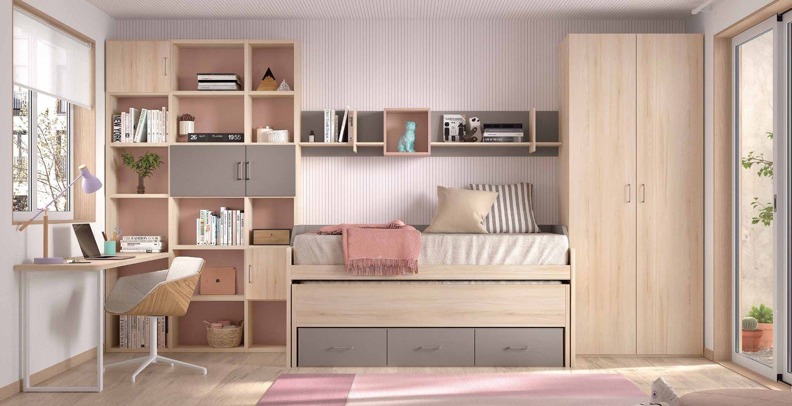 Dormitorio juvenil W•015 con compacto doble y acabados ÁMBAR, ROSADO, PIEDRA.