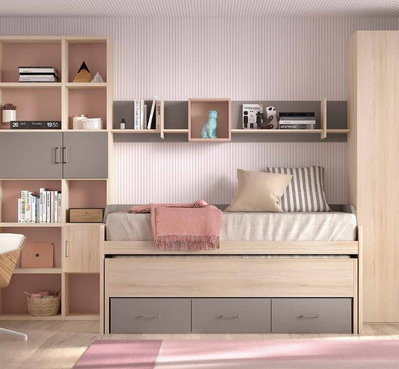 Dormitorio juvenil W•015 con compacto doble y acabados ÁMBAR, ROSADO, PIEDRA.