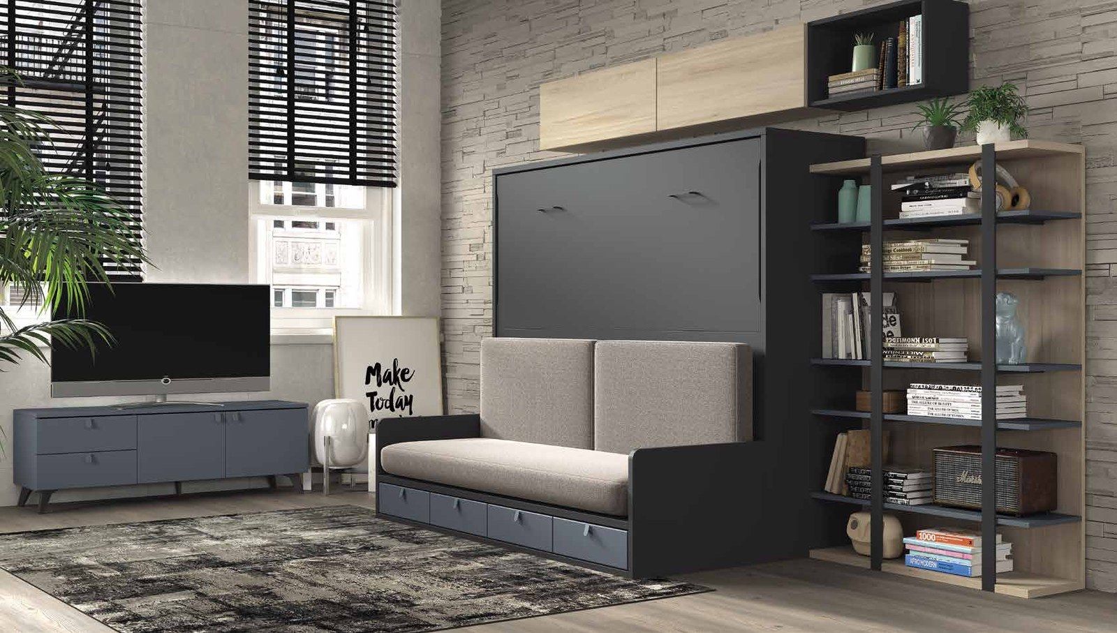 Vista general de la composición F-268, se observan cama abatible con sofá, librerías y conexión USB e iluminación.