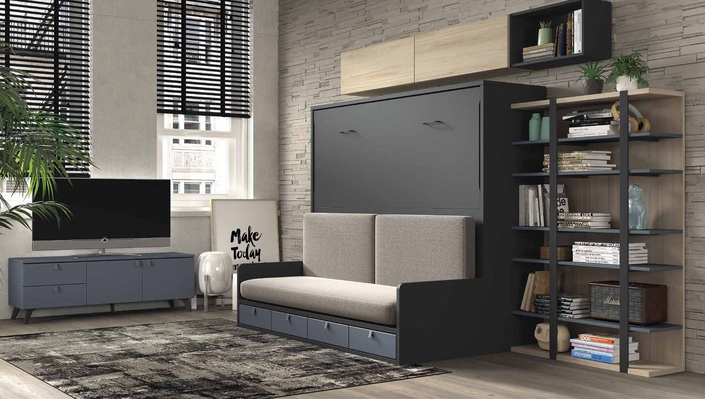 Vista general de la composición F-268, se observan cama abatible con sofá, librerías y conexión USB e iluminación.