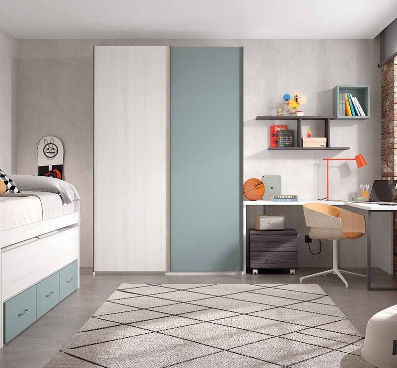 Dormitorio juvenil W•013 con compacto y acabados TIZA, ONYX, OCEAN.