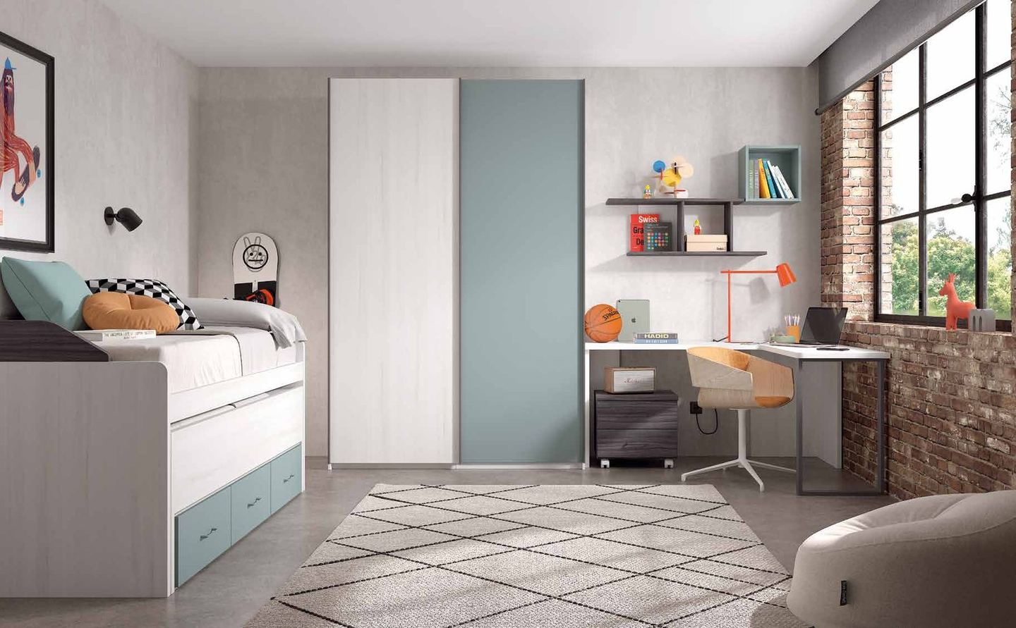 Dormitorio juvenil W•013 con compacto y acabados TIZA, ONYX, OCEAN.