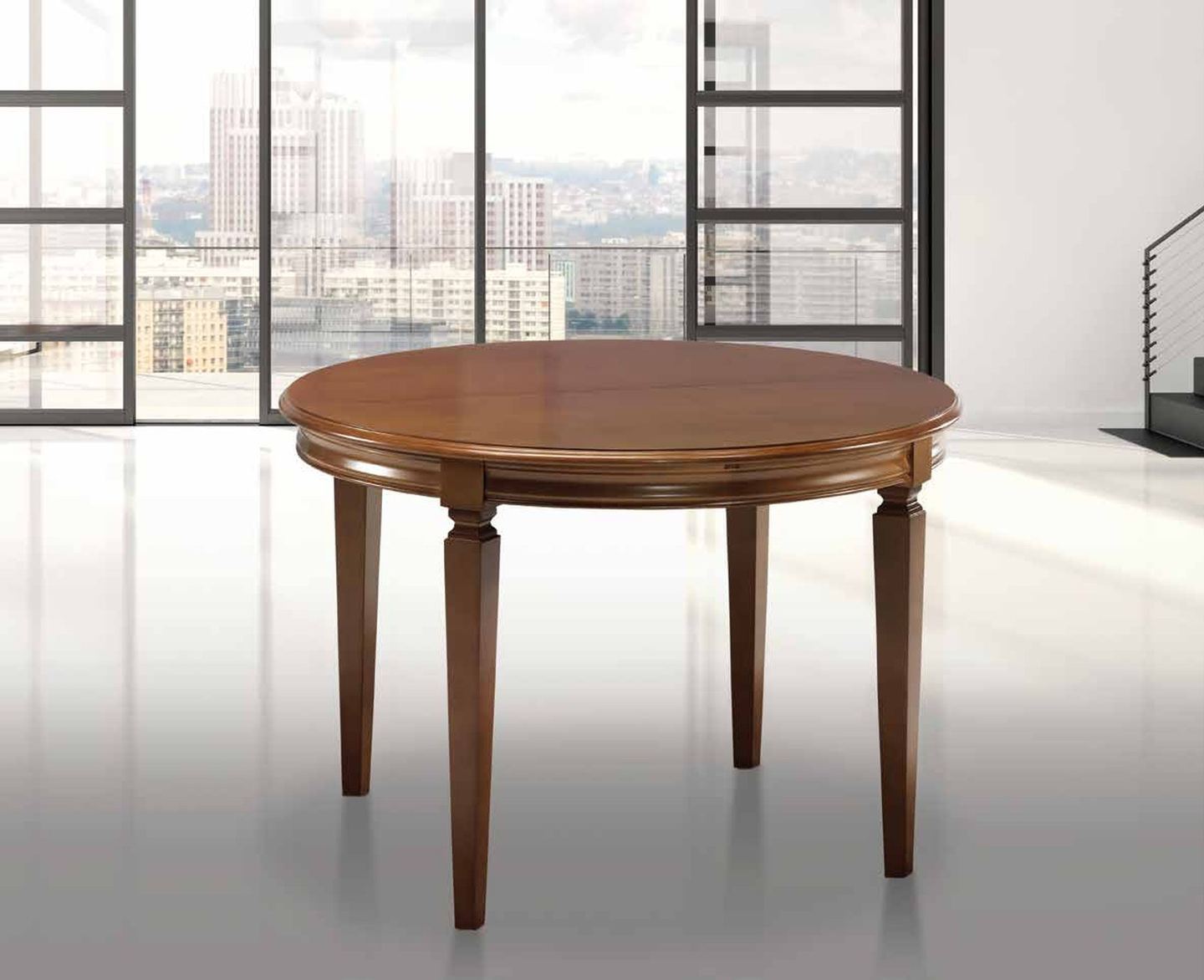 Mesa de comedor clásica modelo 5 de SG, de tablero redondo sobre cuatro patas torneadas