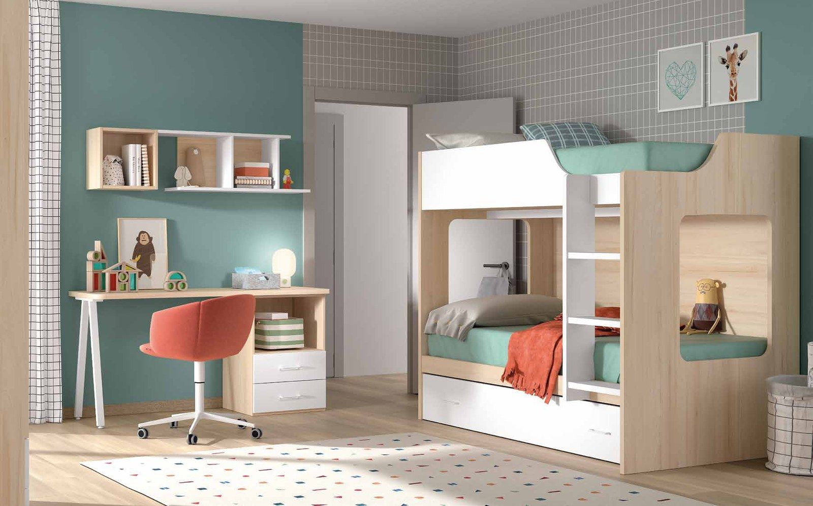 Dormitorio juvenil W•029 con litera y acabados ÁMBAR, BLANCO.