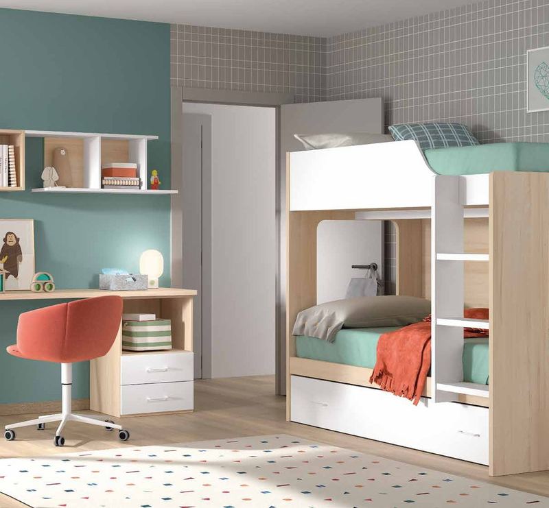 Dormitorio juvenil W•029 con litera y acabados ÁMBAR, BLANCO.