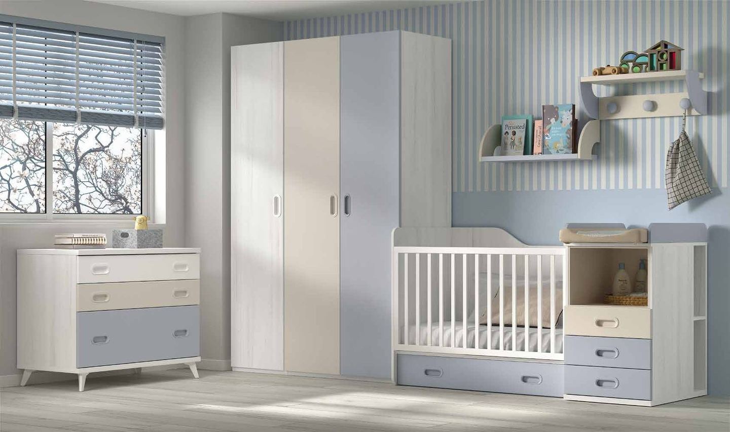 Vista general de la composición F-312, se observan configuración evolutiva con cama o cuna, armario y cómoda.
