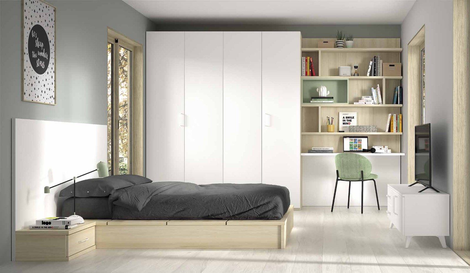 Vista general de la composición F-306, se observan cama, armario de rincón con puertas plegables, escritorio y estantes.