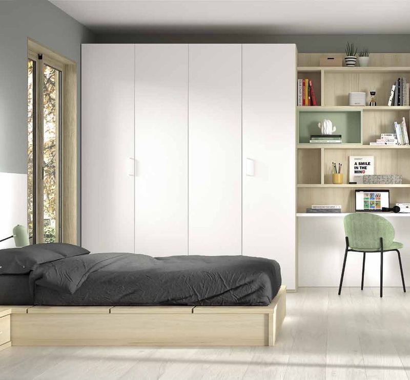 Vista general de la composición F-306, se observan cama, armario de rincón con puertas plegables, escritorio y estantes.