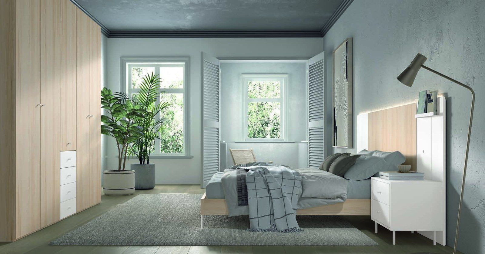 matrimonio-emotion-dormitorio-19-principal-01.jpg: Dormitorio Emötion composición 19 con cama doble, cabecero liso alas con iluminación, módulos zen y armarios