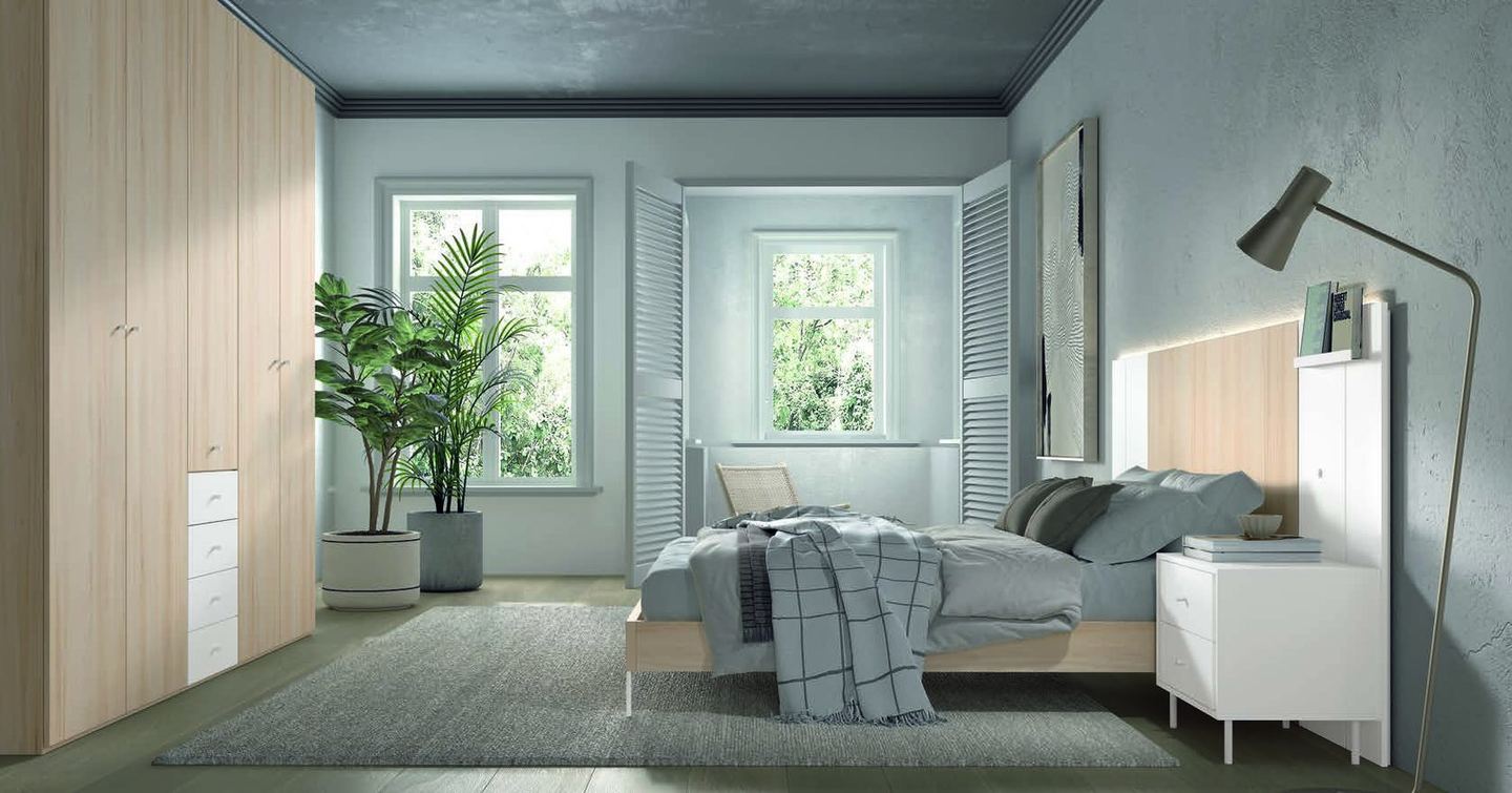 matrimonio-emotion-dormitorio-19-principal-01.jpg: Dormitorio Emötion composición 19 con cama doble, cabecero liso alas con iluminación, módulos zen y armarios