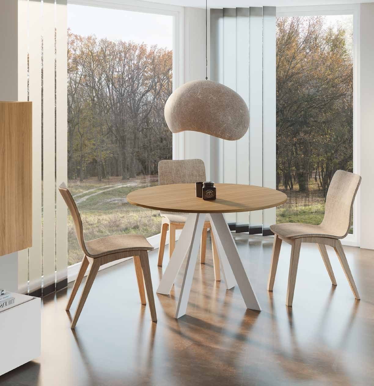 Fotografía de mesa de comedor de la colección FRESH, en acabado Todos los laminados; tapa efecto 10 mm solo en acabados naturales; pata blanca o grafito.
