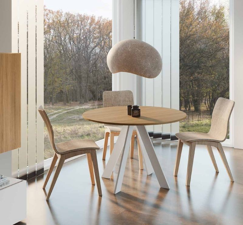 Fotografía de mesa de comedor de la colección FRESH, en acabado Todos los laminados; tapa efecto 10 mm solo en acabados naturales; pata blanca o grafito.