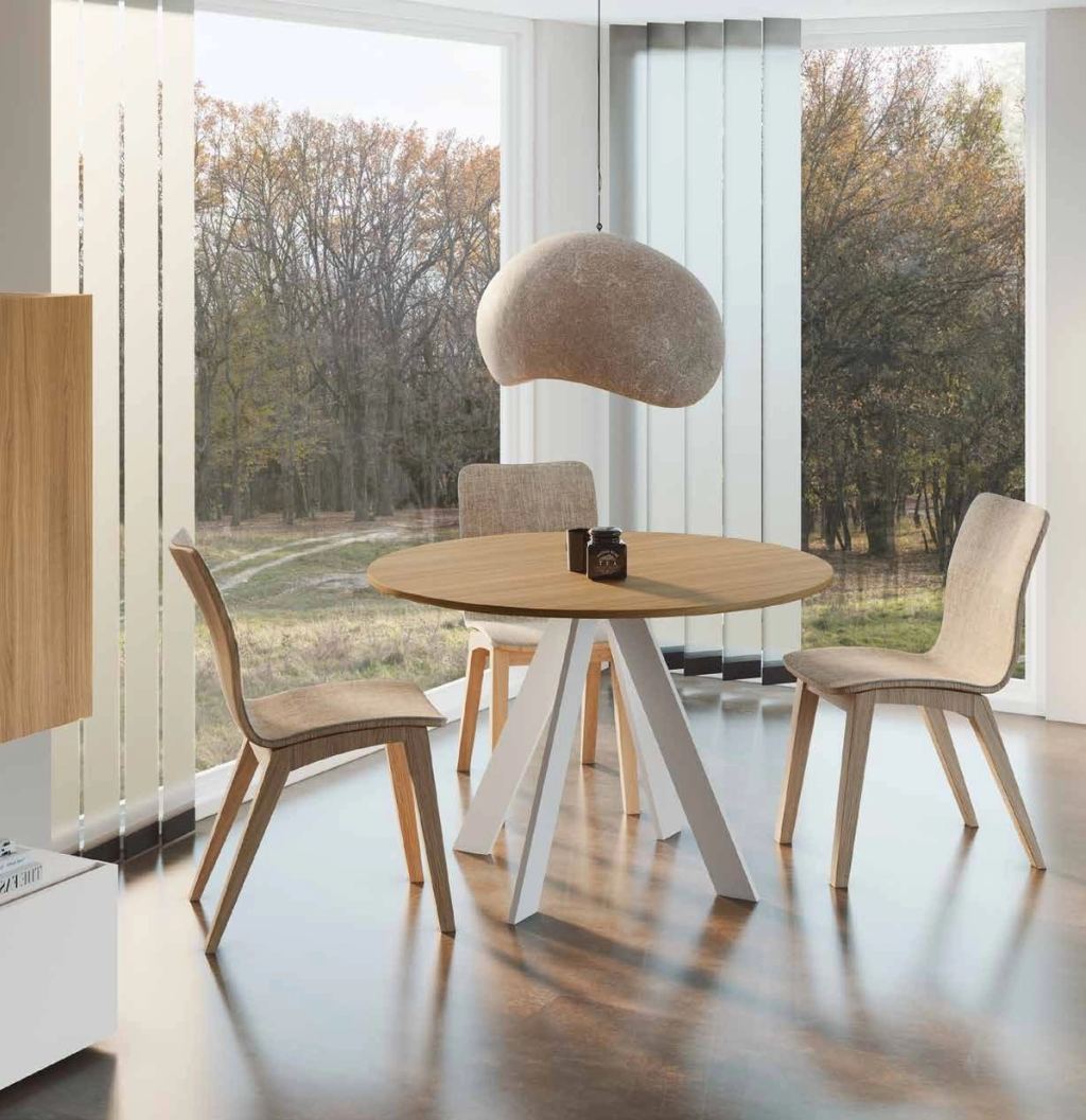 Fotografía de mesa de comedor de la colección FRESH, en acabado Todos los laminados; tapa efecto 10 mm solo en acabados naturales; pata blanca o grafito.