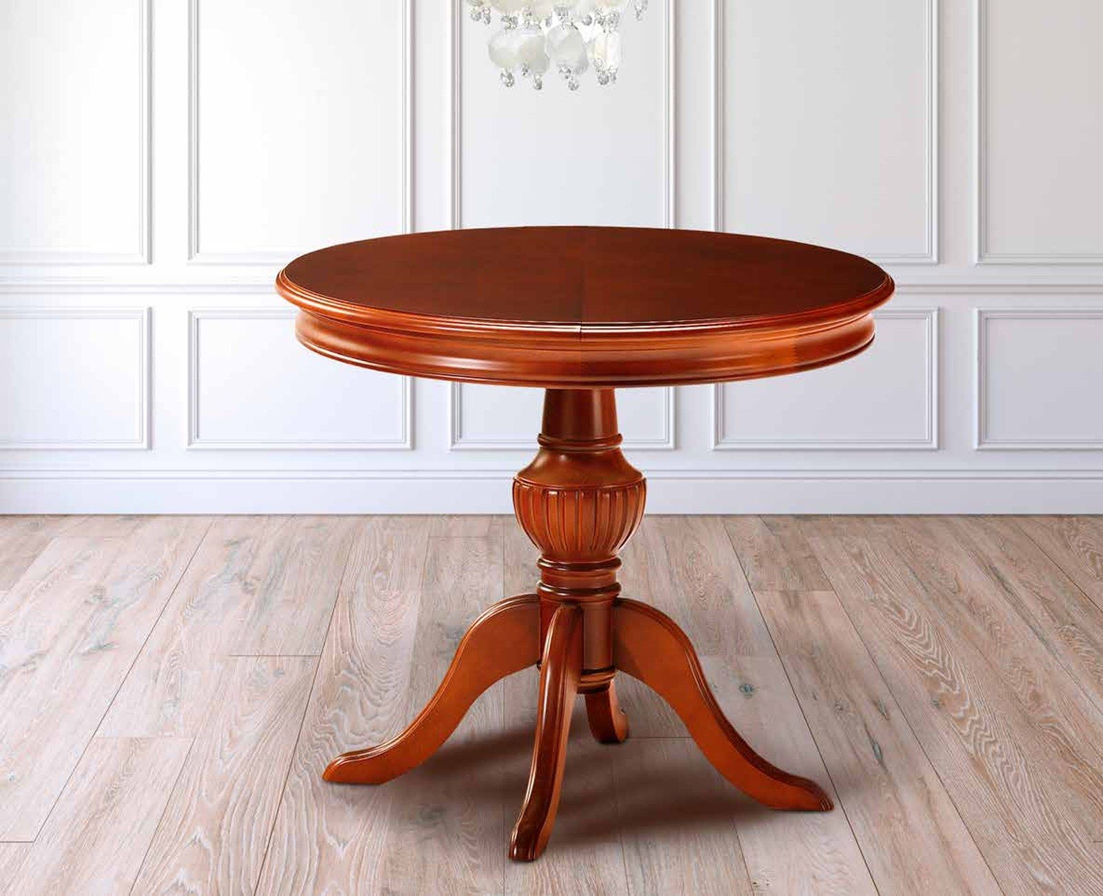 Mesa de comedor clásica modelo 1 de SG, con pie central torneado y base de cuatro apoyos, de tablero redondo