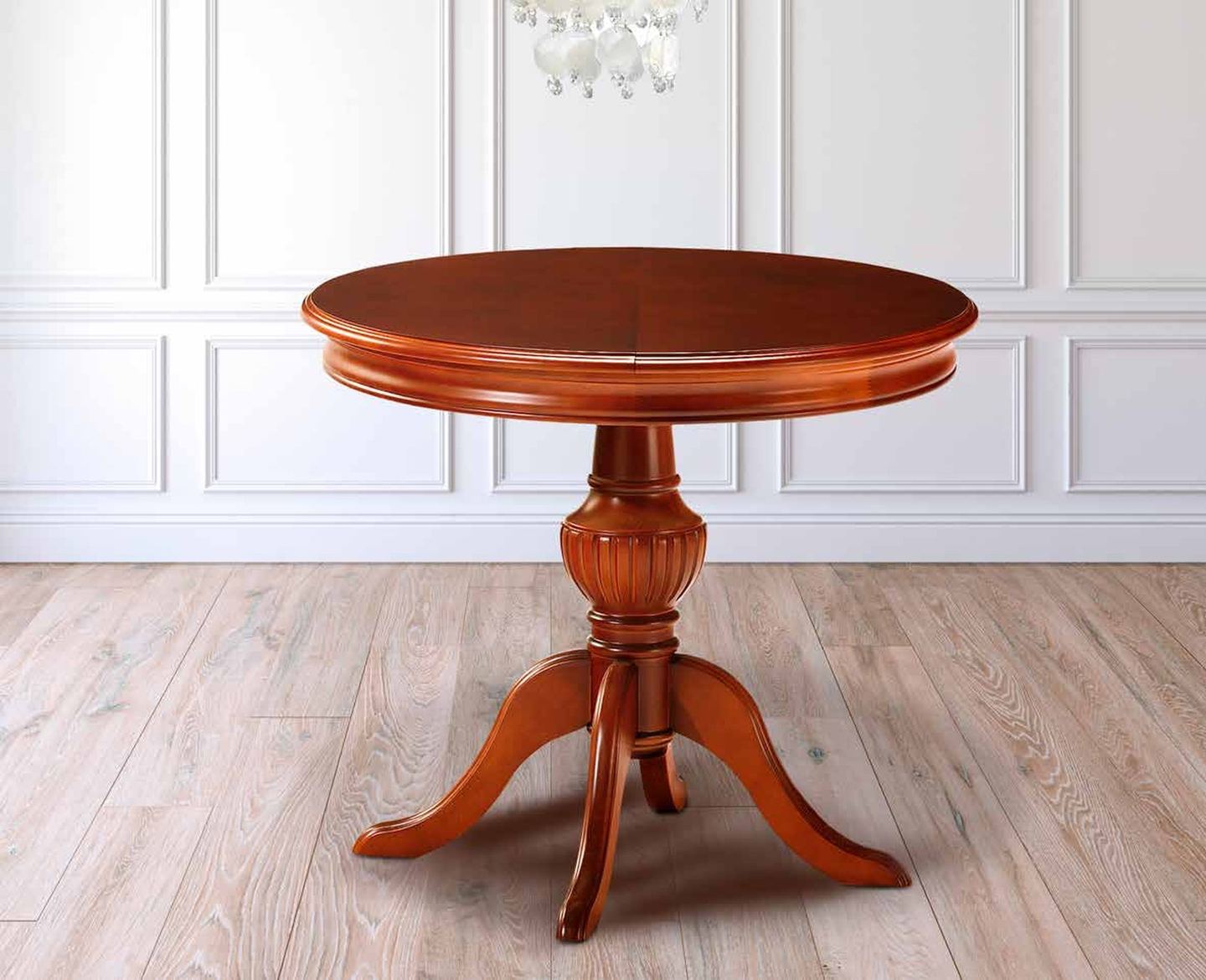 Mesa de comedor clásica modelo 1 de SG, con pie central torneado y base de cuatro apoyos, de tablero redondo