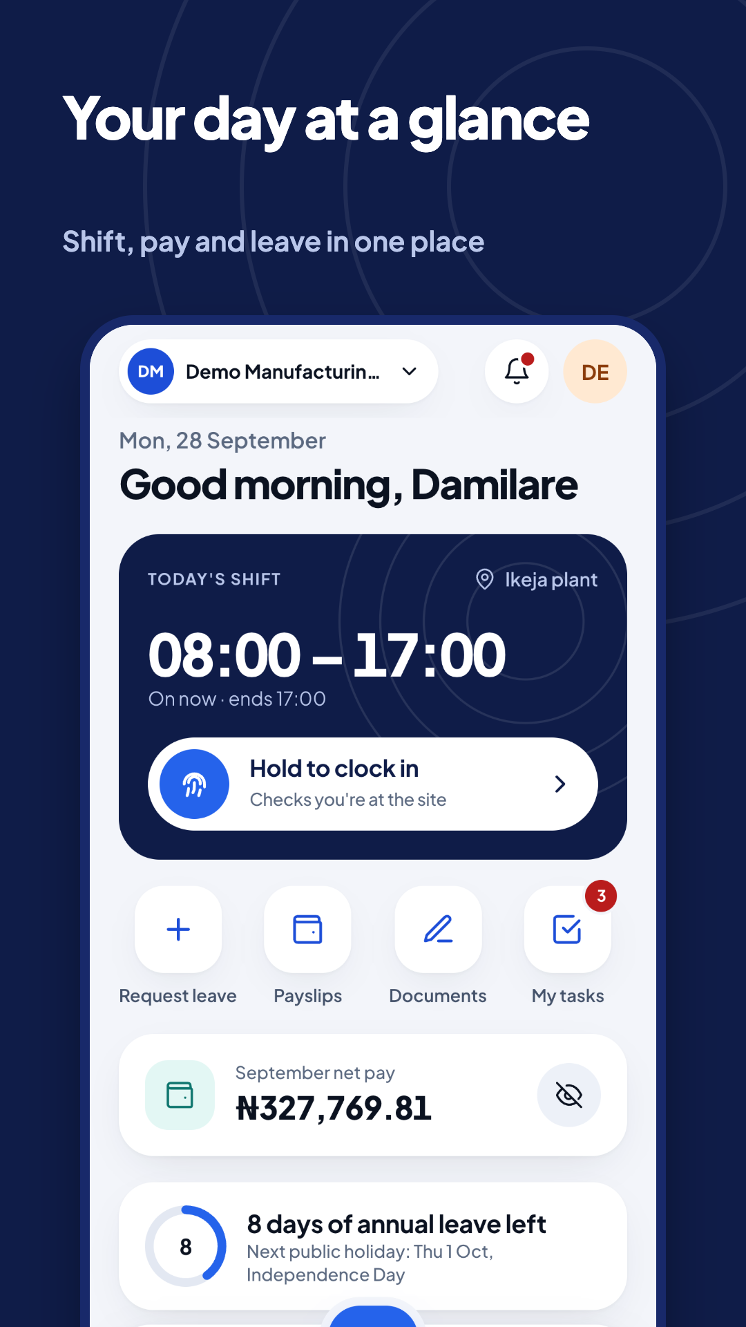 The Cadre People app: today's shift, clock in, this month's net pay and annual leave left
