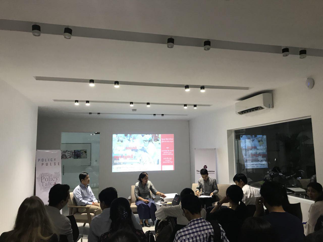Cambodia Country Director Pagna Kim joins H.E. Min Meanvy, Secretary General of the National Road Safety Committee, for a presentation at The Asia Foundation. (Photo credit: The Asia Foundation/Cambodia).