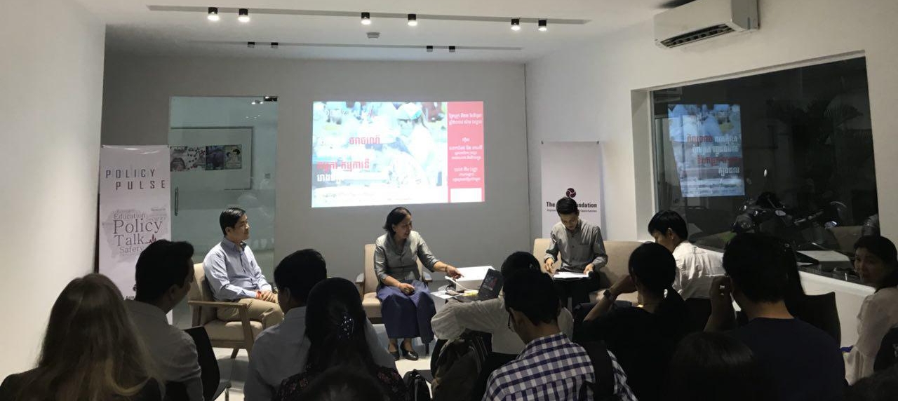 Cambodia Country Director Pagna Kim joins H.E. Min Meanvy, Secretary General of the National Road Safety Committee, for a presentation at The Asia Foundation. (Photo credit: The Asia Foundation/Cambodia).