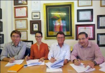 From left: Vincent Su, Sales Manager for Long Huei Vietnam; Hoang Thi Na Huong, Deputy General Director of Protec Tropical Helmets; Greig Craft, Founder and President of AIP Foundation; and Xavier Mateu, Sales Manager for MAT Group