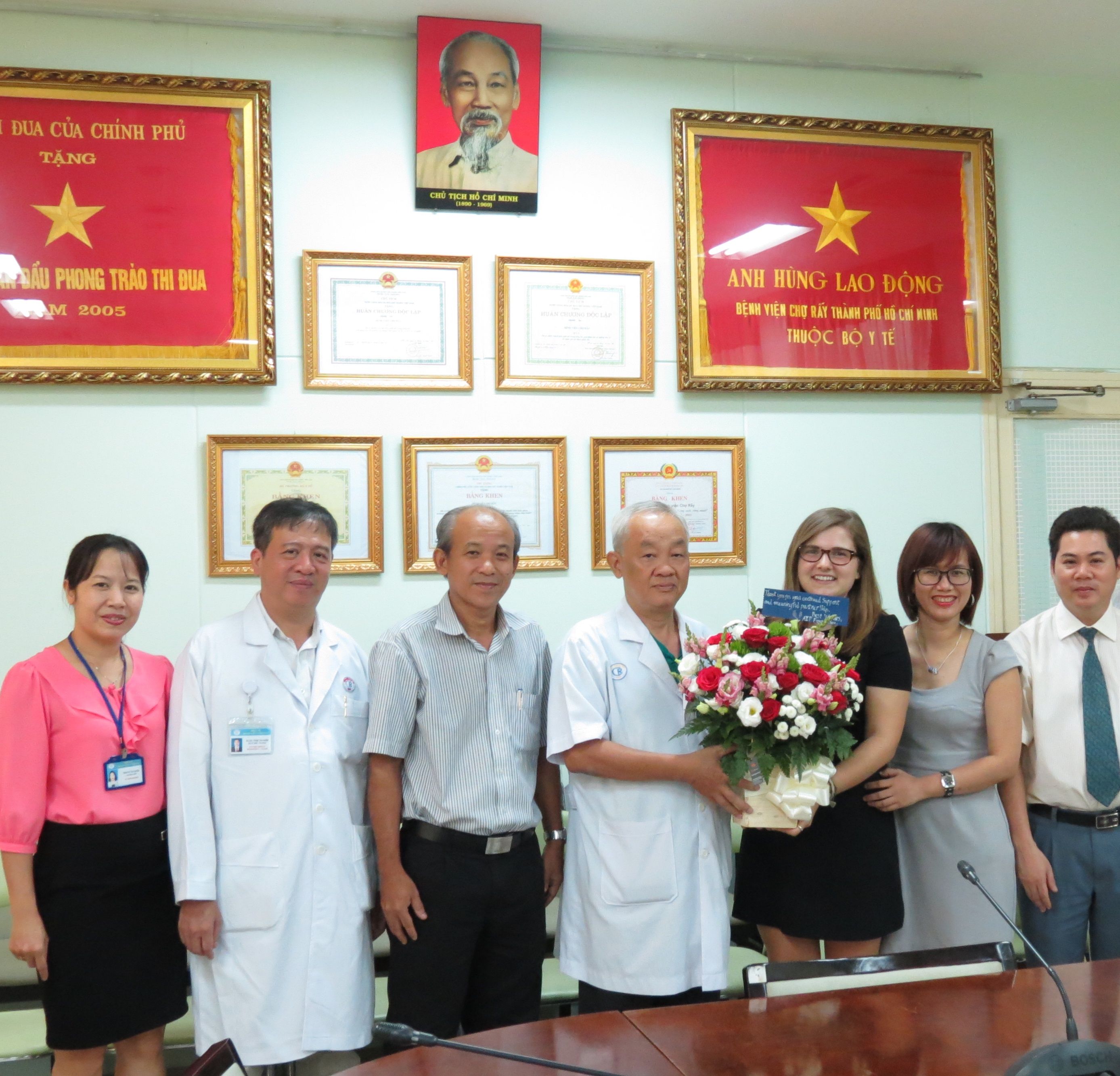 AIP Foundation staff, including Molly Ellison, Communications and Development Coordinator, and Nguyen Thi Huong Giang (right), meet with Cho Ray Hospital staff in October 2016.