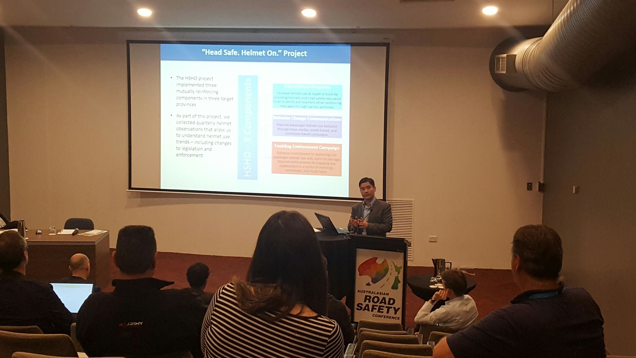 Pagna Kim presents on the Head Safe. Helmet On. project at the 2016 Australasian Road Safety Conference.