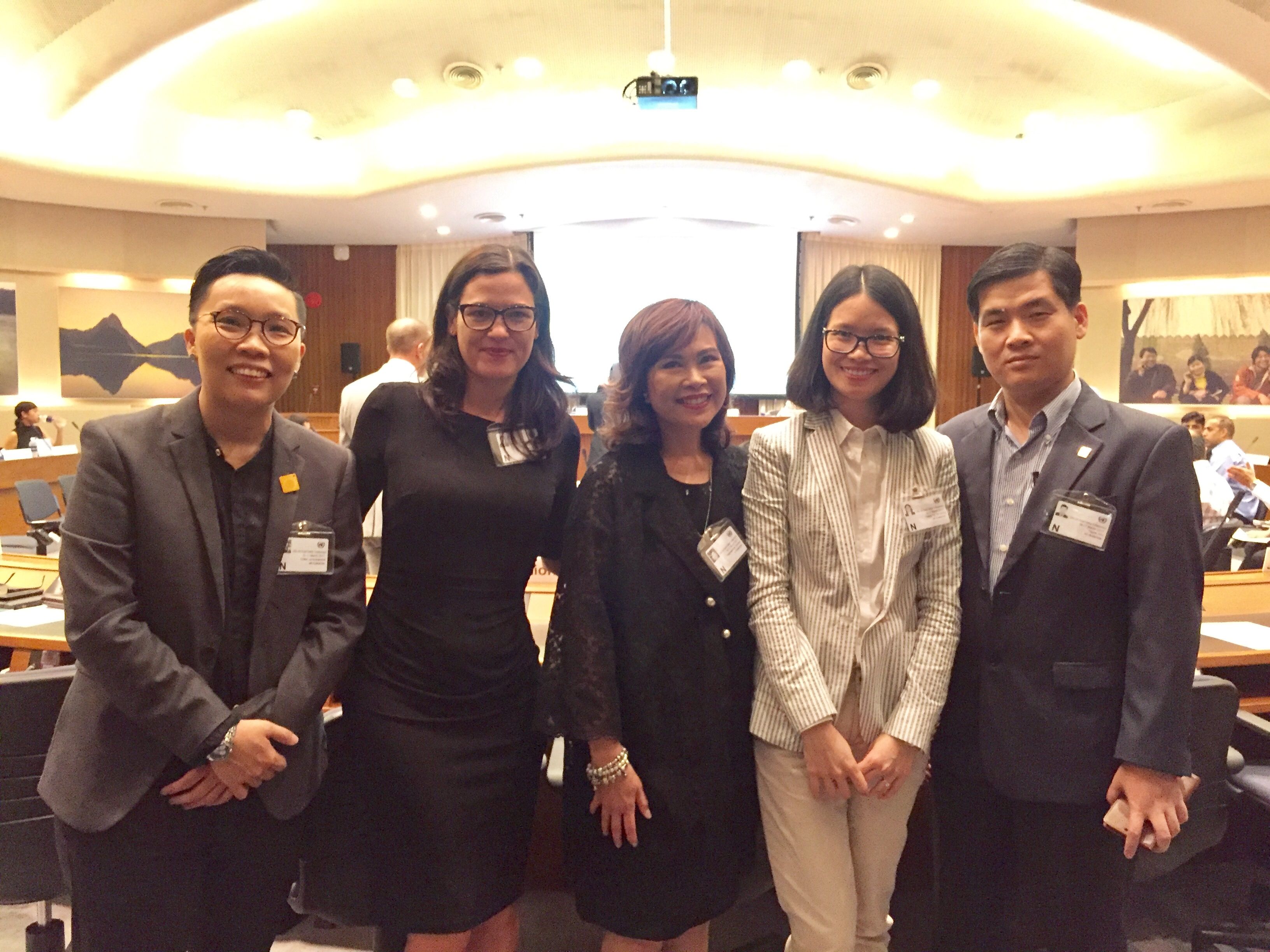 AIP Foundation representatives (from left) Oratai Junsuwanaruk, Thailand Country Manager; Mirjam Sidik, CEO; Ratanawadee Winther, Thailand Chairperson; Hoang Thi Na Huong, Deputy CEO; and Pagna Kim, Cambodia Country Director, attend the 24th UN Road Safety Collaboration Meeting in Bangkok.