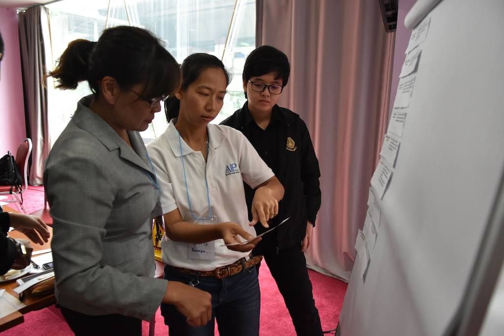 (From left) Supha Jomphan, Pennapa Pornsupikul, and Thanutchaya Youpanead of the Legal Development Program during a breakout session of the advocacy workshop.