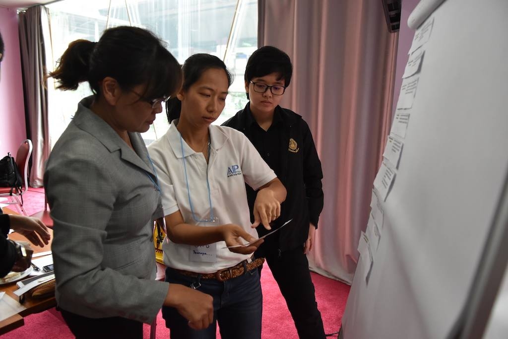 (From left) Supha Jomphan, Pennapa Pornsupikul, and Thanutchaya Youpanead of the Legal Development Program during a breakout session of the advocacy workshop.